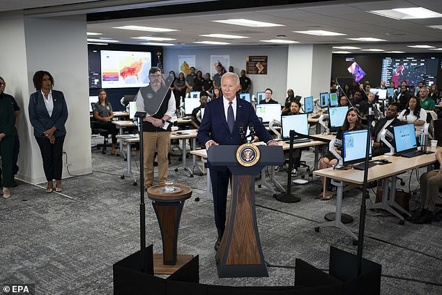 Joe Biden uses teleprompters to discuss extreme weather at DC Emergency Operations Center in Washington