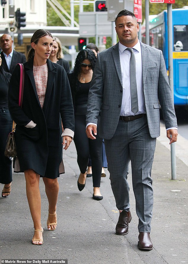 Hayne (pictured with his wife Amellia) faced three rape charges and 23 months in prison until he was released last month when his most recent convictions were quashed