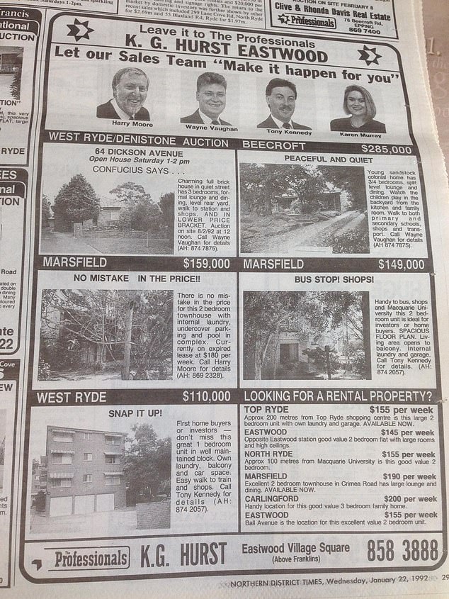A 1992 Professionals KG Hurst ad, shortly after a recession, offered a home in Beecroft for $285,000