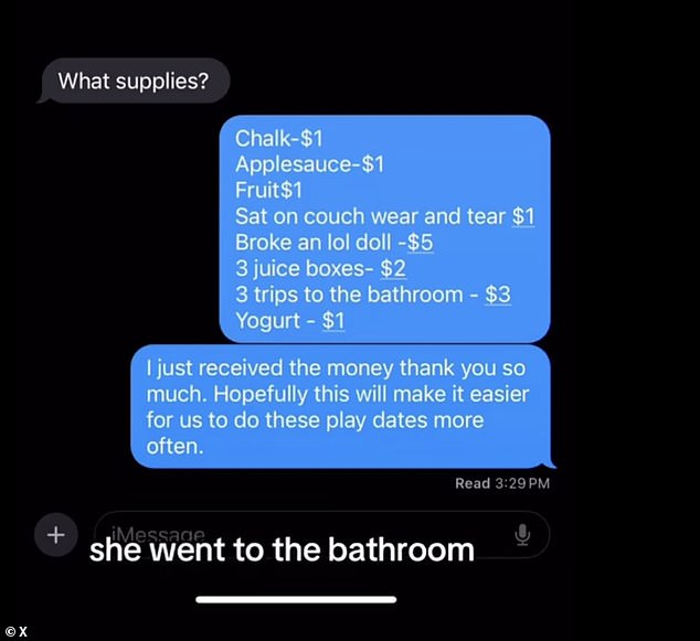 When the other mom asked what expenses she meant, the TikToker listed the supplies and food her daughter consumed — including sitting on the couch and going to the bathroom three times