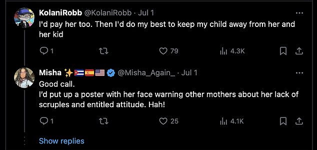 The X user later said she would warn other mothers 