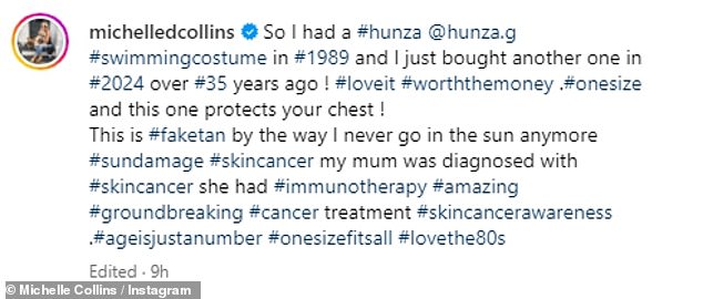 Michelle posed on a lounger on the beach wearing large sunglasses and wrote: 'So I had a #hunza @hunza.g #swimsuit in #1989 and I just bought another one'
