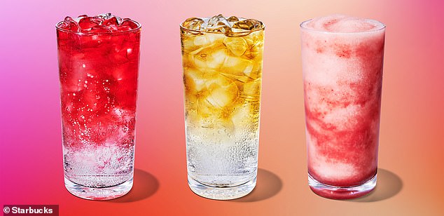 Pictured: Starbucks' newest flavors - Melon Burst Iced Energy, Tropical Citrus Iced Energy and the Frozen Tropical Citrus Iced Energy with strawberry puree