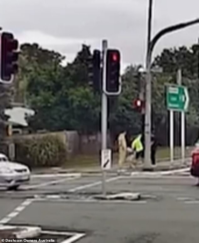 A professional has been praised for apprehending the driver of the blue Mazda after he was caught calmly walking off the road and away from the scene of the accident