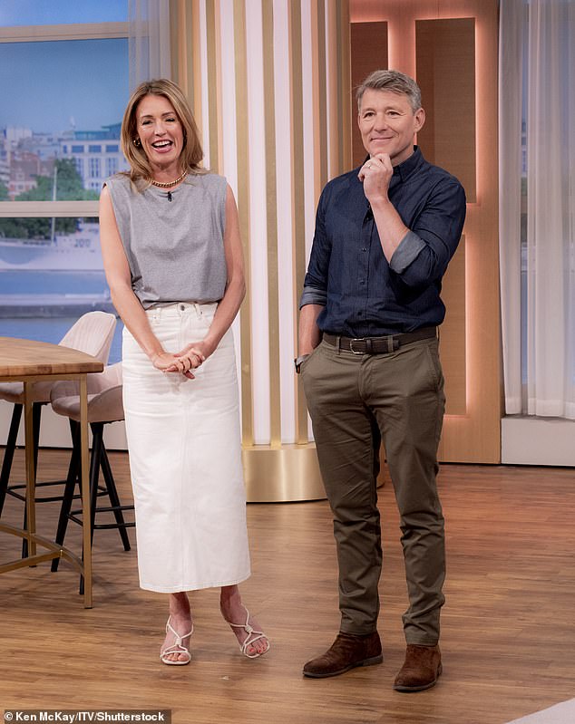 The blonde beauty suffered a coughing fit while talking to the ITV doctors, leaving Ben to take over on his own (Cat and Ben Shephard pictured)