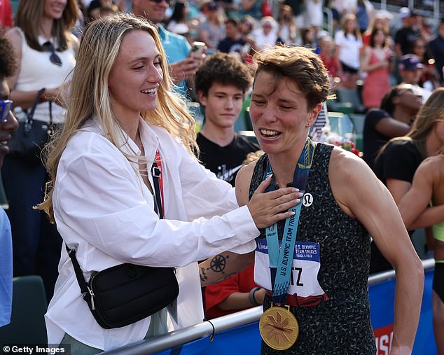Emma Gee and Nikki Hiltz react after Hiltz won the women's 1500m final at the US Trials