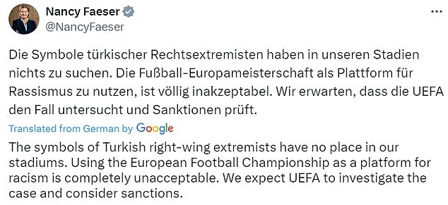 Nancy Faeser, Germany's Minister of the Interior and Home Affairs, has called for a UEFA ban