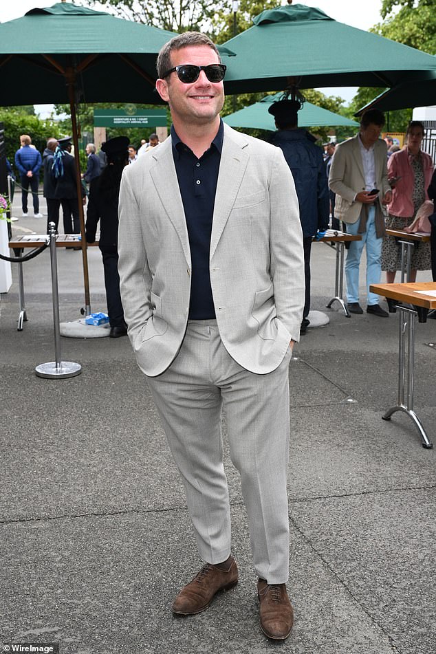 Dermot O'Leary looked handsome in his grey suit and sunglasses as he posed for the cameras