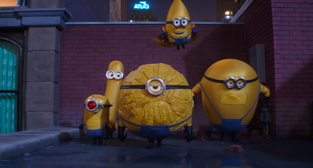 A group of Minions, now with superpowers, so one looks like a boulder, one looks like a rocket, one has stretching powers, and one has a big laser eye. And one is just bigger and stronger. 