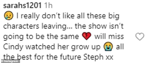 Emotional fans shared their own sweet farewell messages to Stephanie's character Cindy in the comments of the post