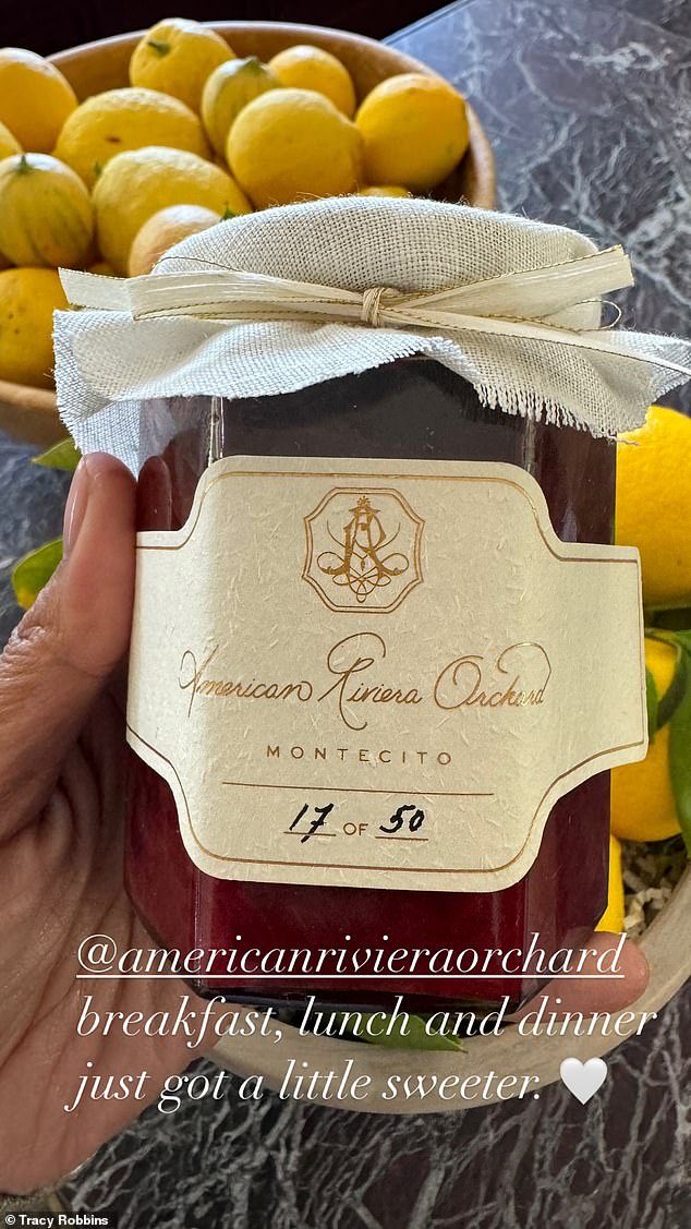 Fashion designer Tracy Robbins posted a photo of Meghan's jam, with the American Riviera Orchard logo and 'Montecito' written underneath