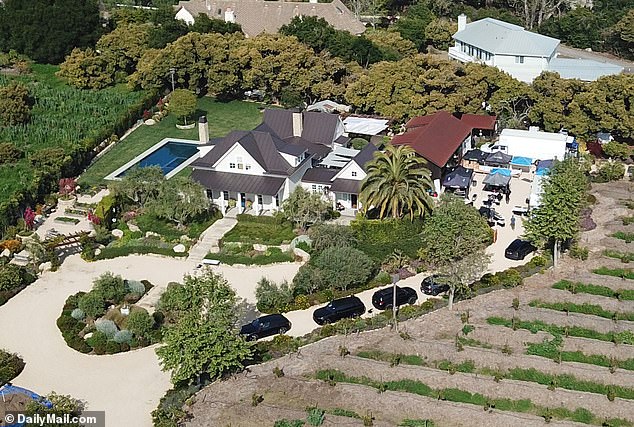 Production trucks and tents lined the driveway of the $5 million estate, set on eight acres of avocado and lemon groves in a gated community in Montecito