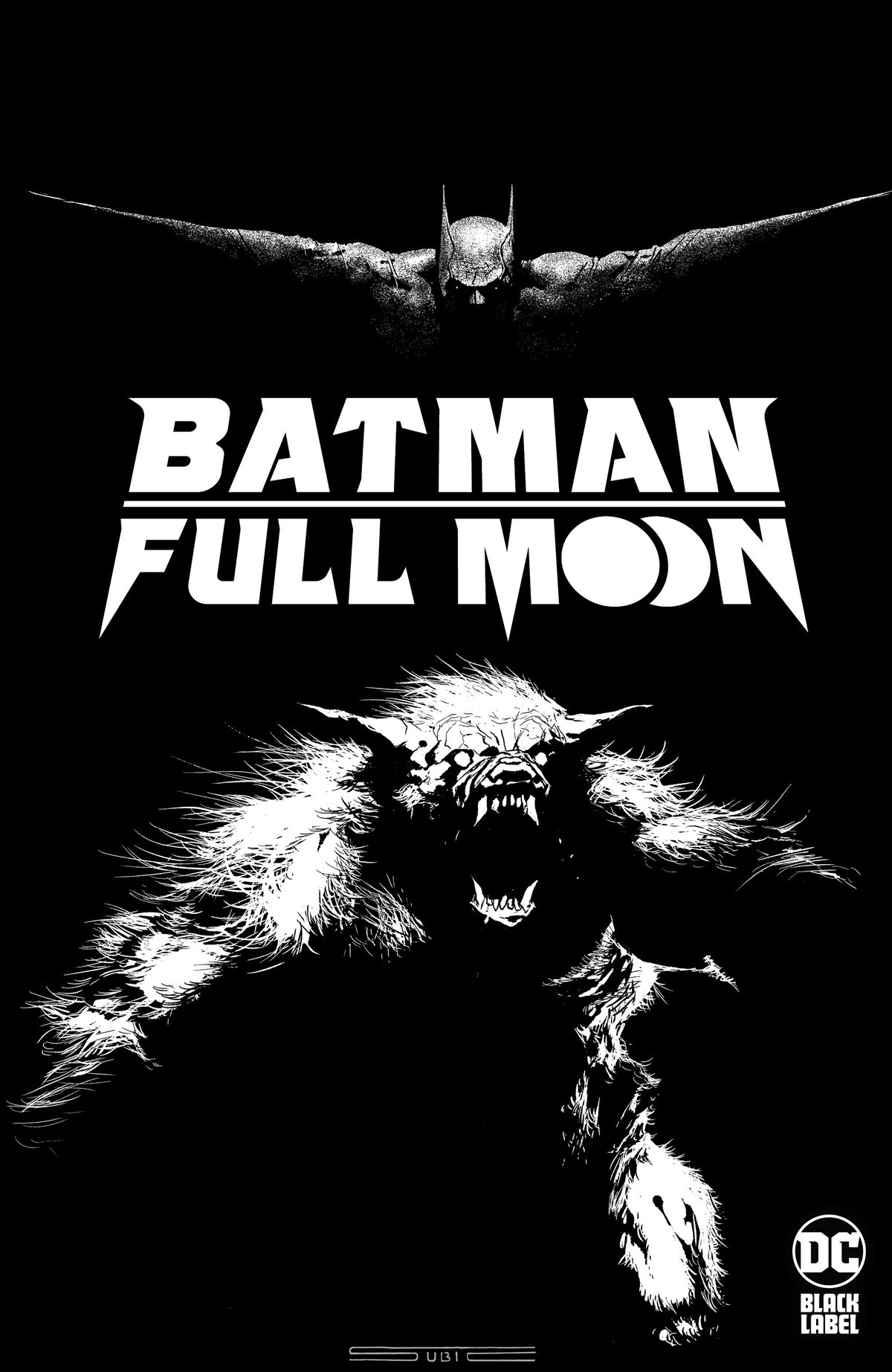 A werewolf growls as Batman lunges at him on the cover of Batman: Full Moon.