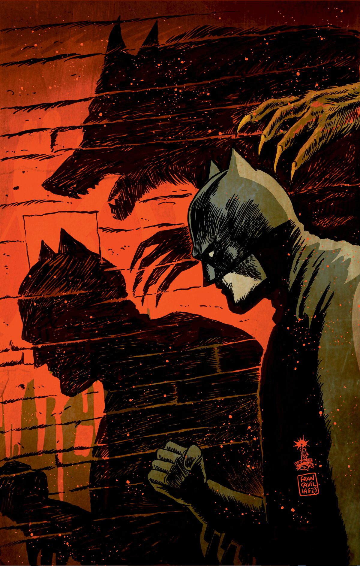 A werewolf lunges at an unwitting Batman, whose shadows are cast on a brick wall behind them, in a variant cover of Batman: Full Moon.