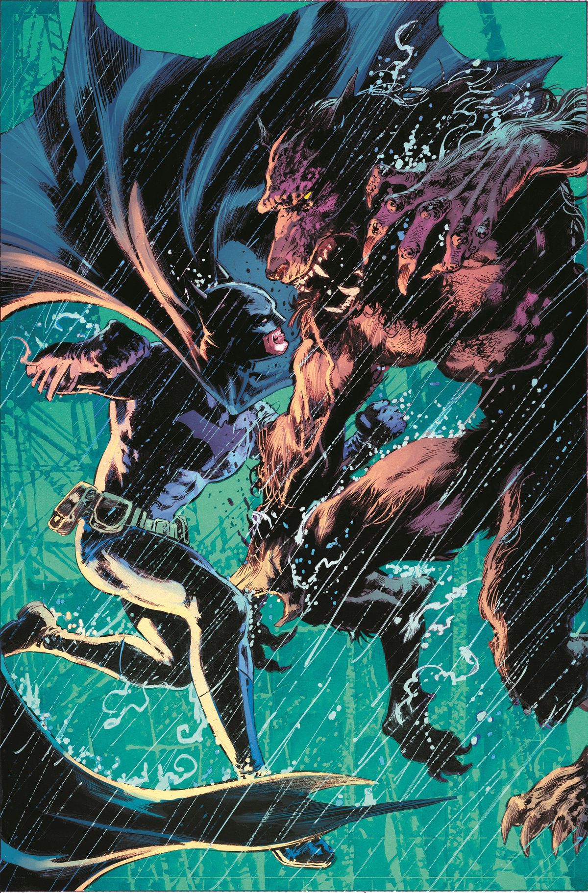 Batman battles a werewolf in the rain in a variant cover of Batman: Full Moon.