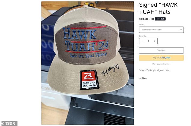 As a submission requirement, Welch also submitted a photo of a beige and brown hat with her phrase “Hawk Tuah '24. Spit On That Thing” written in red, which was created in collaboration with Tennessee-based hat company Fathead Threads.