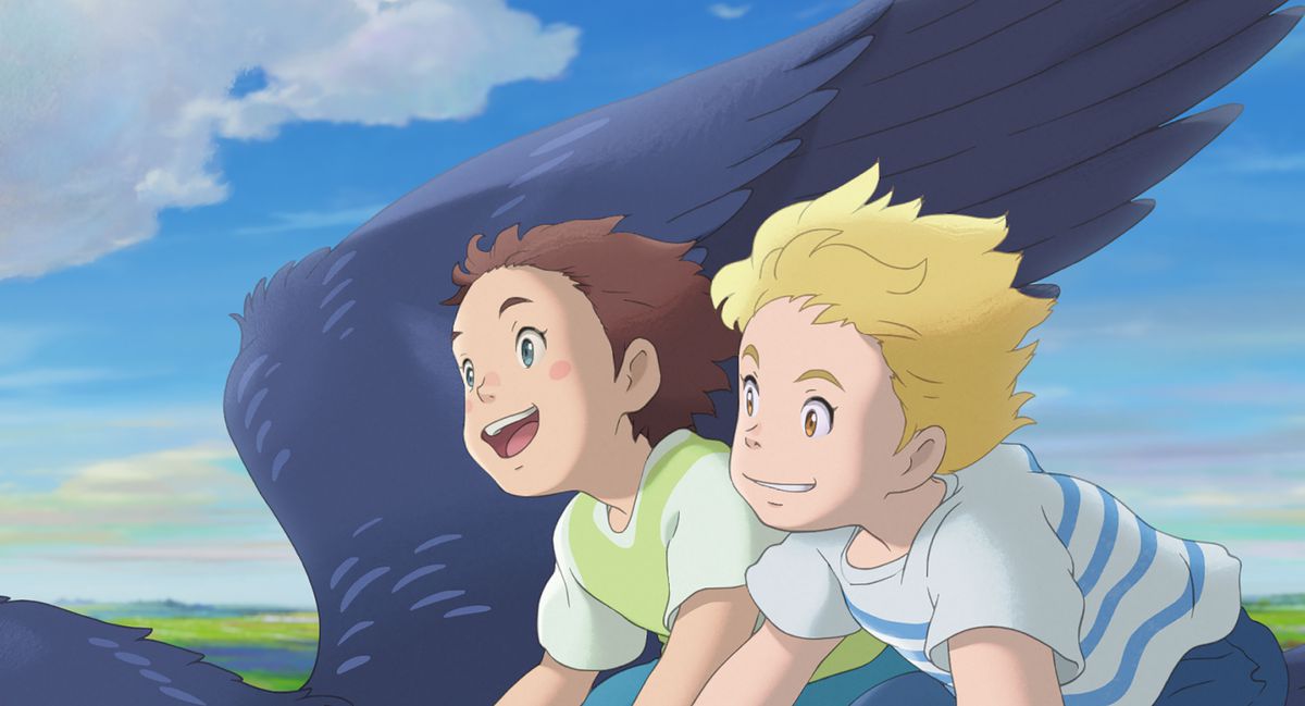 A brunette girl and a blonde boy in a striped shirt laugh as they fly in the air next to a giant dark blue bird in The Imaginary.