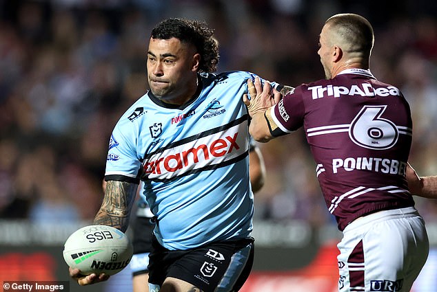 Fifita, 35, who won an NRL championship with the Sharks in 2016, is the park footy competition's standout player (pictured playing for Cronulla in 2022 against the Sea Eagles)