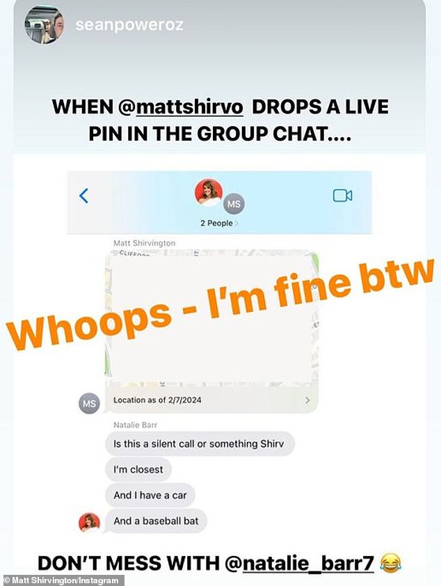 Matt left his Natalie and producer Sean Power worried when he randomly sent them a pin of his live location via their text group chat with no context
