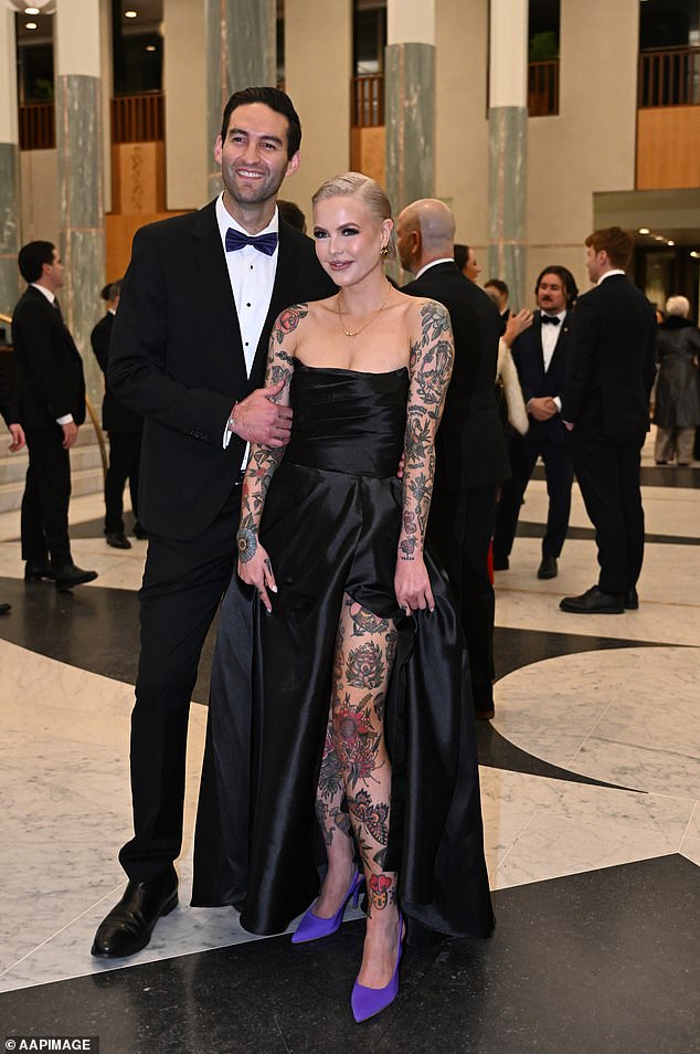 Animal Justice League member Georgie Purcell took a chance with her dramatic black dress that showed off her tattoos