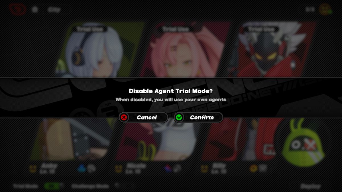 A menu screen in Zenless Zone Zero asking if you want to turn off “agent trial mode” so you can use your own characters in battle.