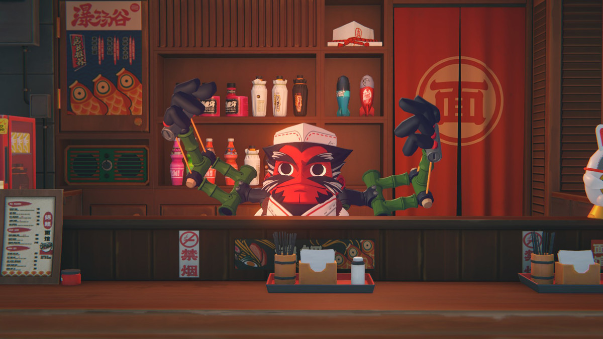 A red yokai with robotic arms stands behind a noodle bar, waiting to take your order in Zenless Zone Zero