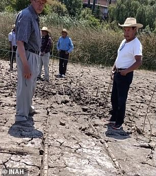 Excavators in the drying lakebed of Mexico's Lake Patzcuaro investigate the half-buried 'tepari' shipwreck (above)