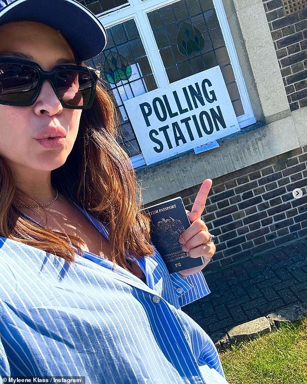 Elsewhere, presenter and singer Myleene, 49, shared a photo of herself voting with her passport as she urged her followers to 'give change for themselves and their children'