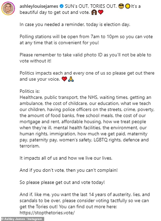 Former Made In Chelsea star Ashley James took her daughter to the polling station as she urged her followers to vote out the Conservatives in an impassioned message