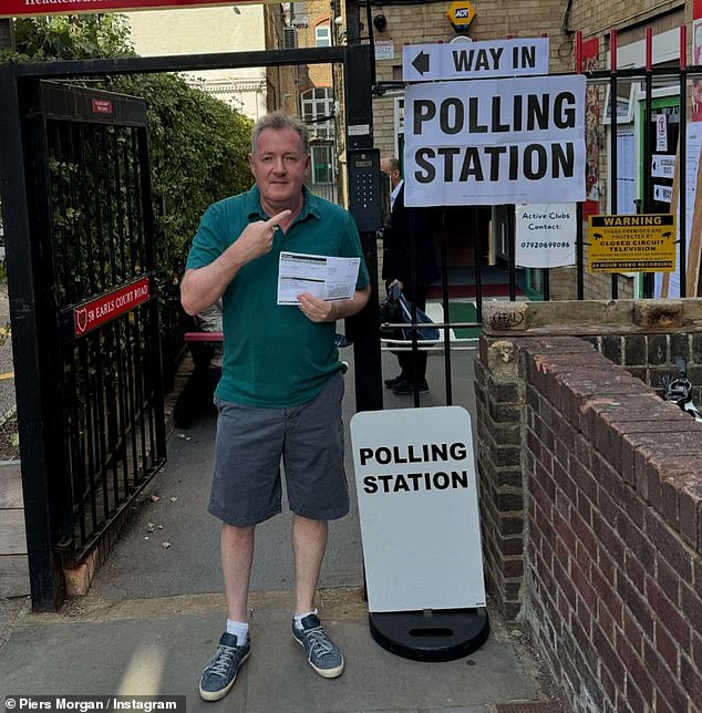 Journalist Piers, 59, also went to cast his vote as he posed outside the polling station in a T-shirt and shorts