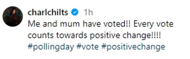 The Traitors star Charlotte Chilton went to the polling station with her mother as she said every vote 'counts for positive change'