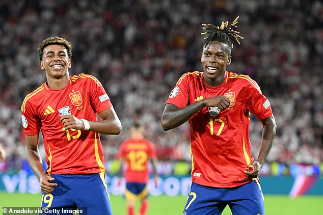His young team-mate Lamine Yamal (left) has kept secret that he is trying to convince Williams to join him in Barcelona.