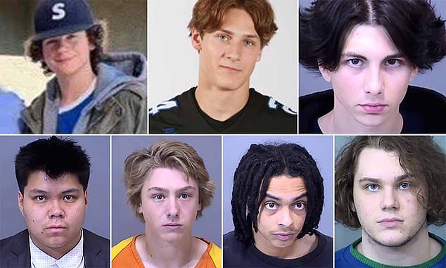 The seven suspects in the murder of Preston Lord from top left to bottom right: Jacob Meisner, Talan Renner, Taylor Sherman, Treston Billey, Talyn Vigil, Dominic Turner, William Owe Hines