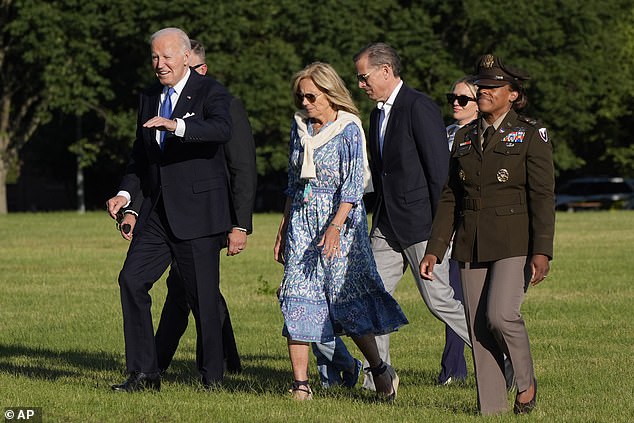 President Joe Biden, from left, first lady Jill Biden, Hunter Biden and Melissa Cohen Biden after returning from Camp David