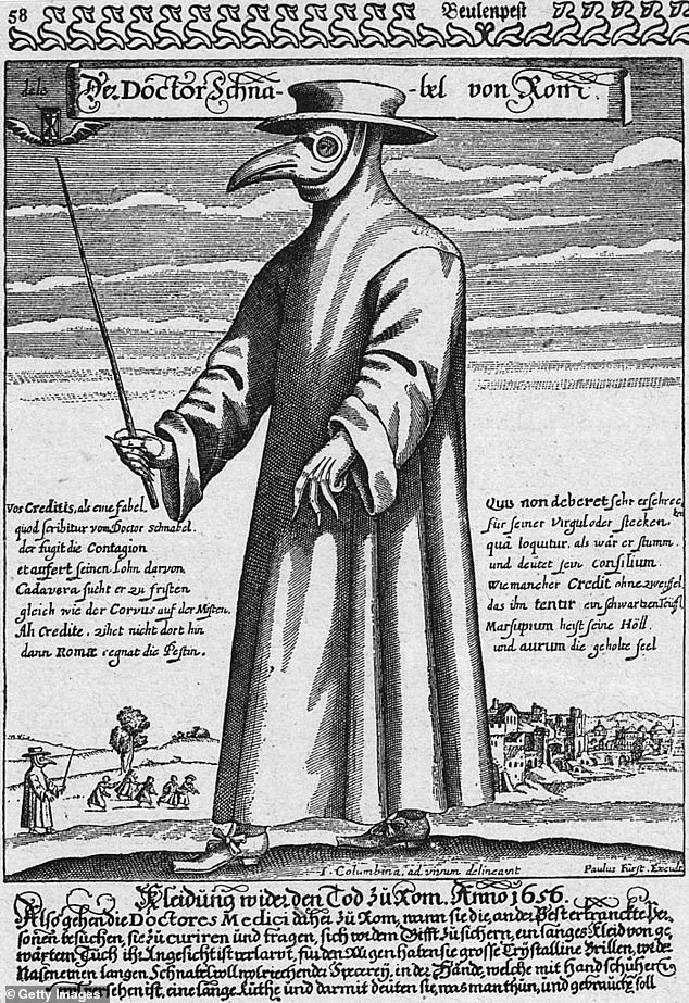 An illustration from 1656: A plague doctor in protective clothing. The beak mask contained spices believed to purify the air, the magic wand was used to prevent patients from being touched