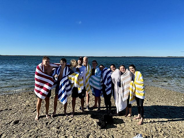 Naomi Biden posted a photo of the family taking part in a Nantucket tradition: the Cold Turkey Plunge on Thanksgiving. From left to right: Peter Neal, Little Hunter, Baby Beau, Hunter Biden, President Biden, Maizy Biden, Naomi Biden, Ashley Biden, Finnegan Biden and Natalie Biden