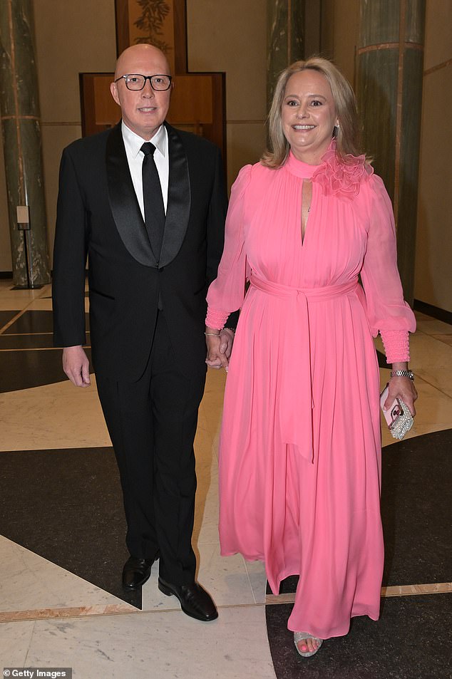 “If you think the Albanian government is bad now, wait until it becomes a minority government with the Greens, the Green Teals and independent Muslims,” Mr Dutton said on Thursday (the opposition leader is pictured with his wife Kirilly at the 2024 Midwinter Ball)