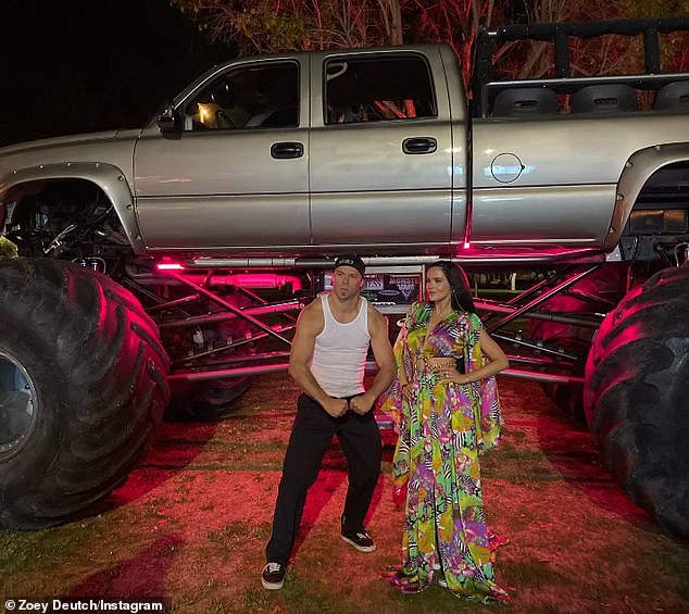 She shared a number of mirror selfies from her dressing room trailer and photos with Tatro, 32, in front of a monster truck