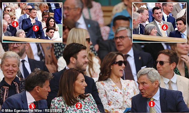 Pictured in the Wimbledon Royal Box: 1. Michael Middleton 2. Carole Middleton 3. Sebastian Coe 4. Shara Grylls 5. Bear Grylls 6. Pat Cummins