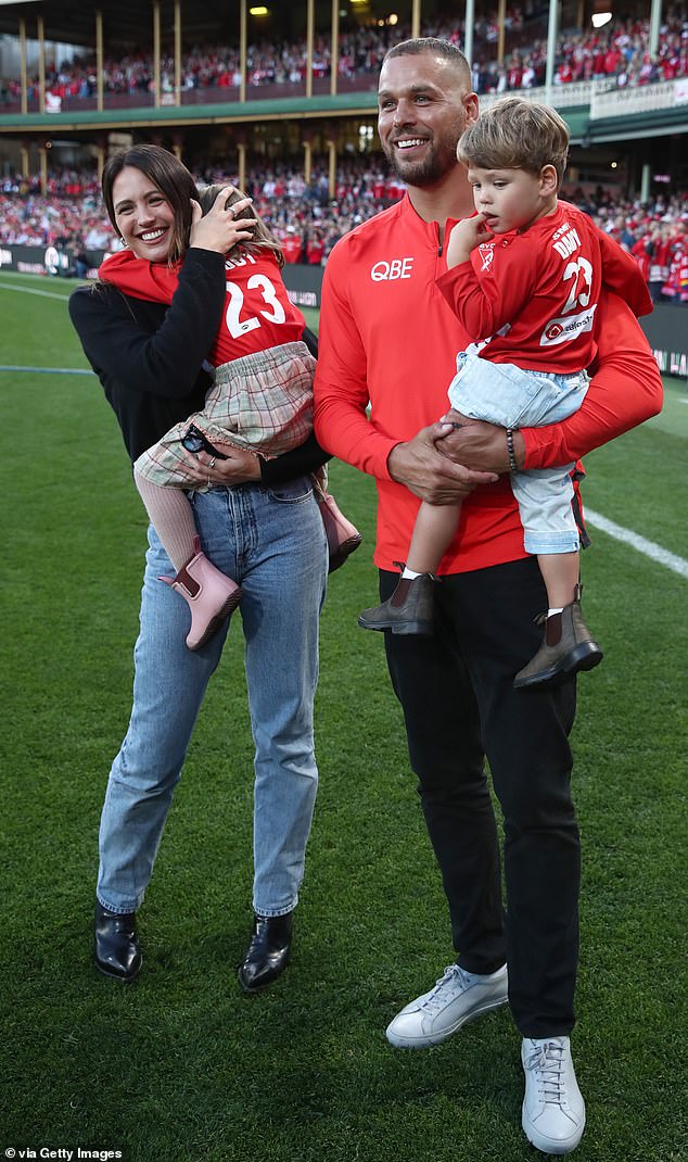 Franklin, 37, retired from AFL footy last season after a successful career with Hawthorn and the Sydney Swans (pictured with wife Jesinta and their children Tallulah and Rocky at his farewell at the SCG)