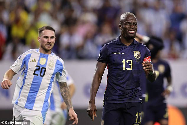 Enner Valencia (13) grimaces after missing a penalty against Argentina in the Copa America