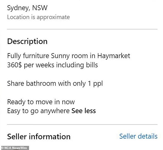 The advertisement describes the balcony as a 'sunny room' suitable for one person