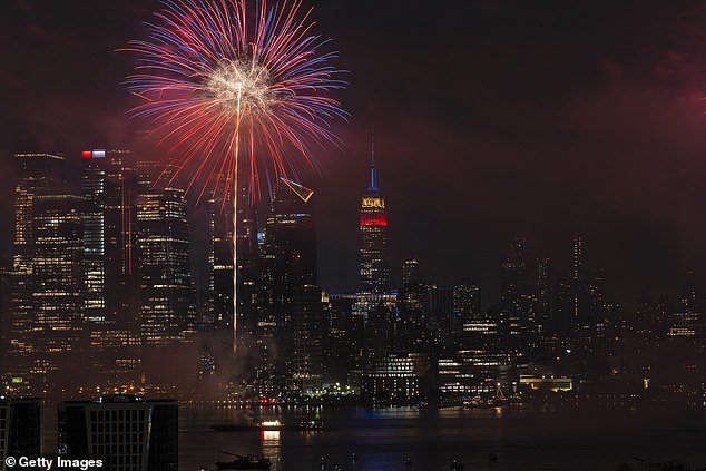 A view of the 48th annual Macy's 4th of July fireworks in New York City, as seen from Weehawken on July 4, 2024 in Weehawken