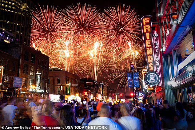 Fireworks light up the sky over Lower Broadway during the Let Freedom Sing! Music City 4th of July event in Nashville, Tennessee