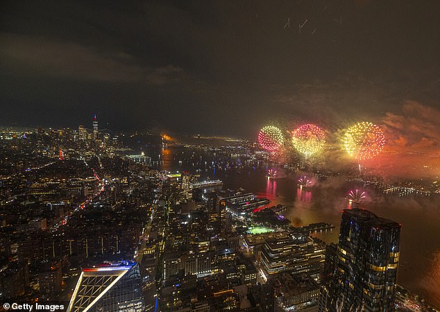 A view of the 48th annual Macy's 4th of July fireworks in New York City, as seen from The Edge observation deck