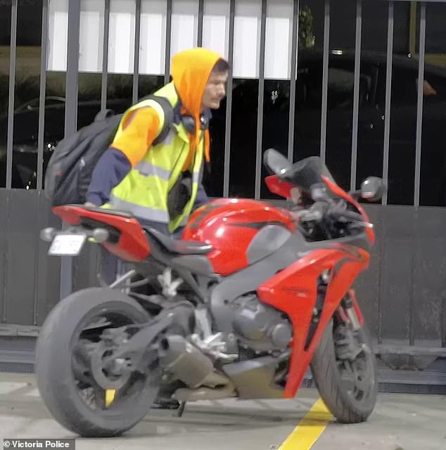 CCTV footage shows the brazen thief exiting the secured car park with the motorbike