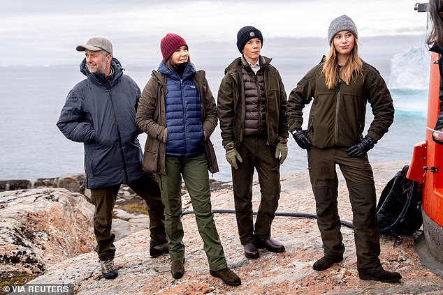 Mary and her husband King Frederik, 56, arrived in Greenland last Saturday with their children, Princess Josephine and Prince Vincent (all pictured), and will leave the country tomorrow.