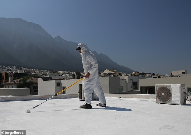 Painting roofs white or covering them with a reflective coating would be more effective at cooling all major cities, including London, the study found. Pictured, a worker applies a white coating to roofs in a hot climate