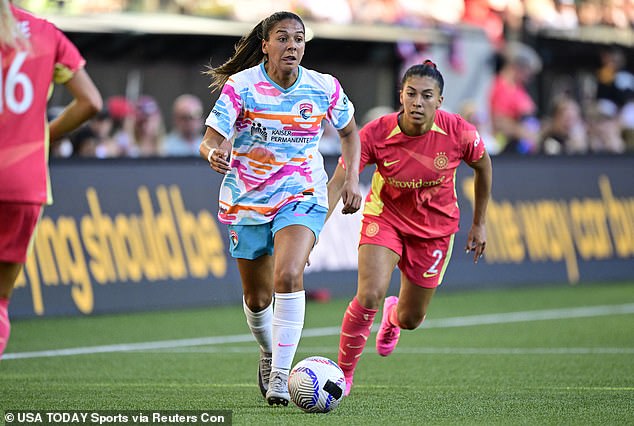 Wave forward Maria Sanchez dribbles away from Reyna Reyes at Providence Park