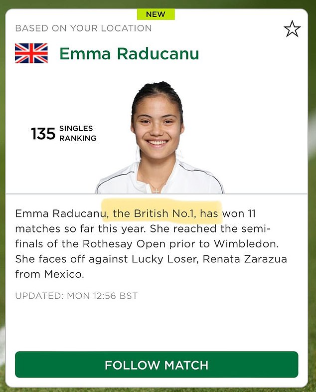 The website also incorrectly stated that Emma Raducanu was the British number 1